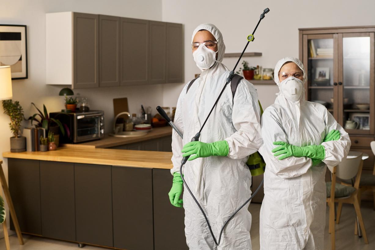 Professional pest control team disinfecting apartment