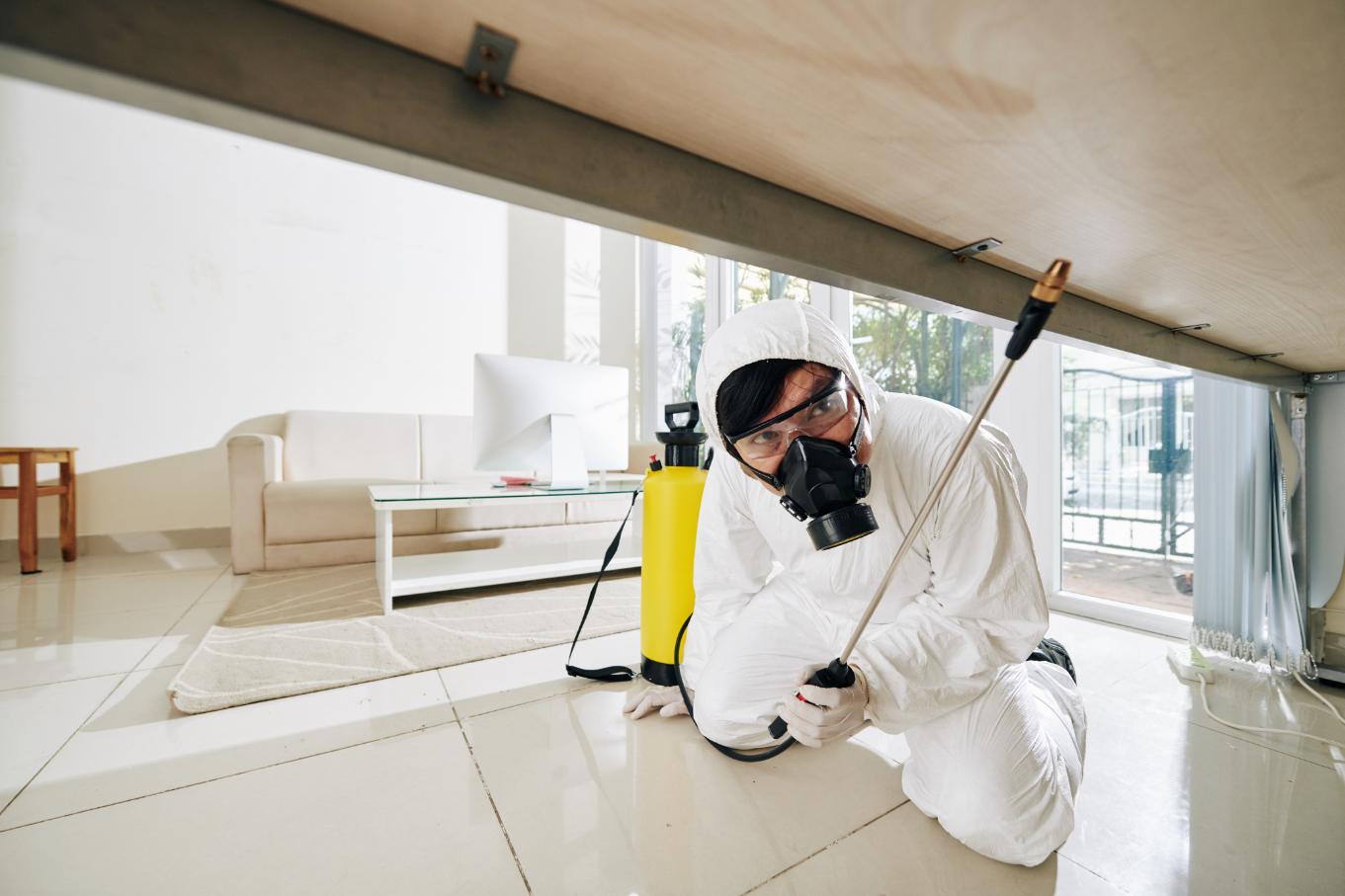 Technician disinfecting hard-to-reach surfaces in modern home